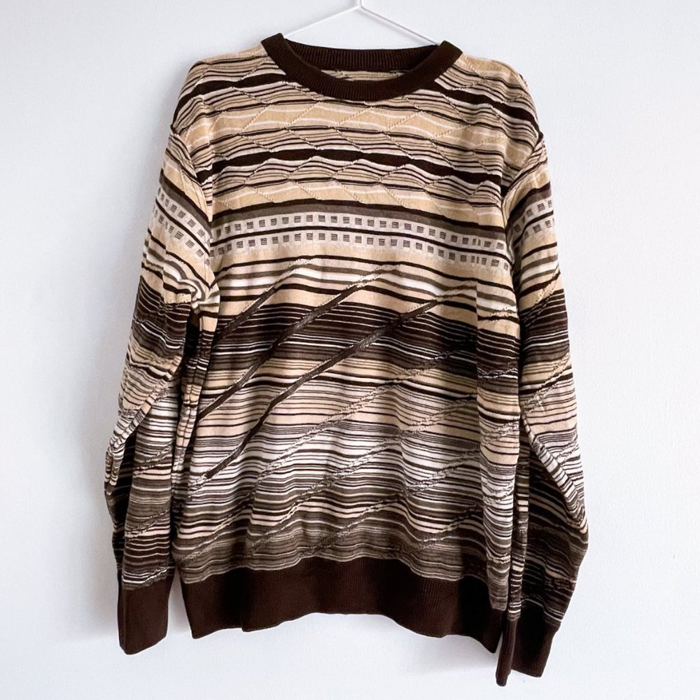 Vintage Coogi Style Knit Sweater Tan Brown Funky Design Grandpa Dad Pullover L